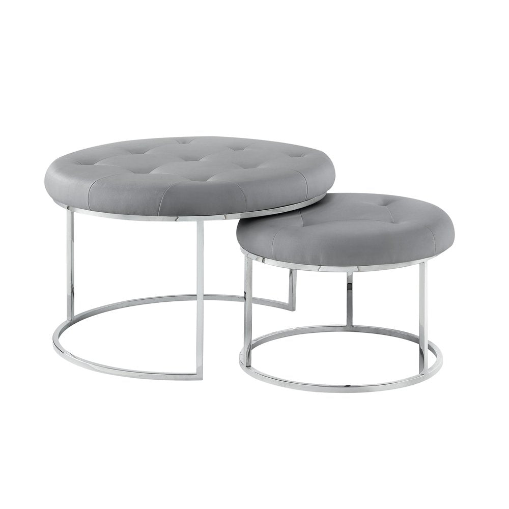 Set of Two Gray Faux Leather and Silver Tufted Round Ottoman