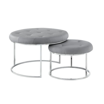 Set of Two Gray Faux Leather and Silver Tufted Round Ottoman