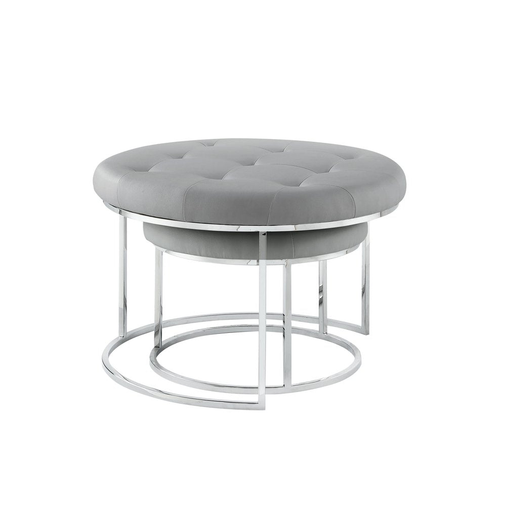 Set of Two Gray Faux Leather and Silver Tufted Round Ottoman