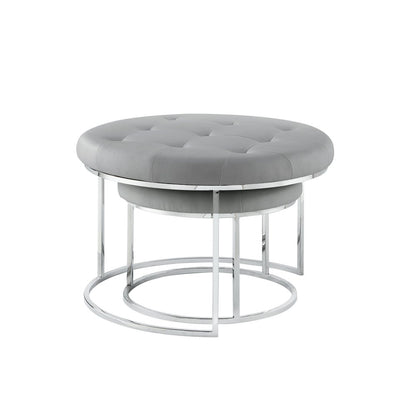 Set of Two Gray Faux Leather and Silver Tufted Round Ottoman
