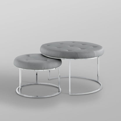 Set of Two Gray Faux Leather and Silver Tufted Round Ottoman