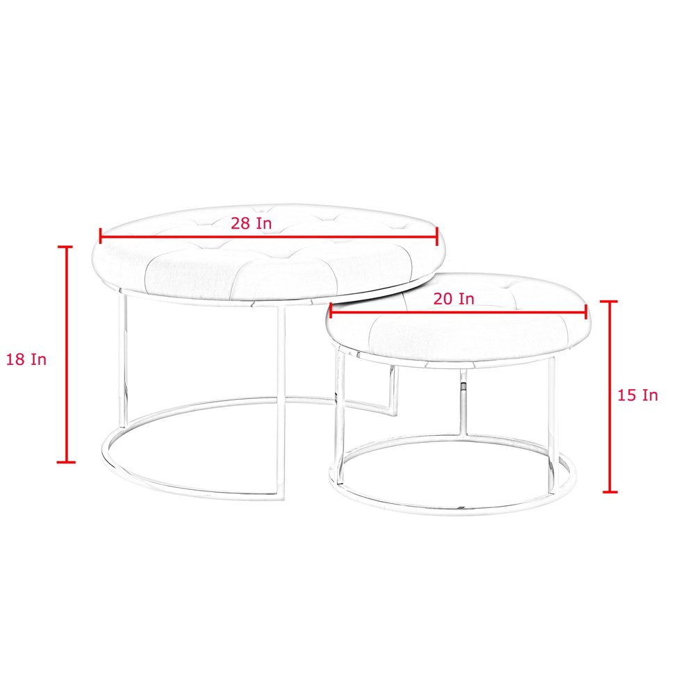 Set of Two Gray Faux Leather and Silver Tufted Round Ottoman