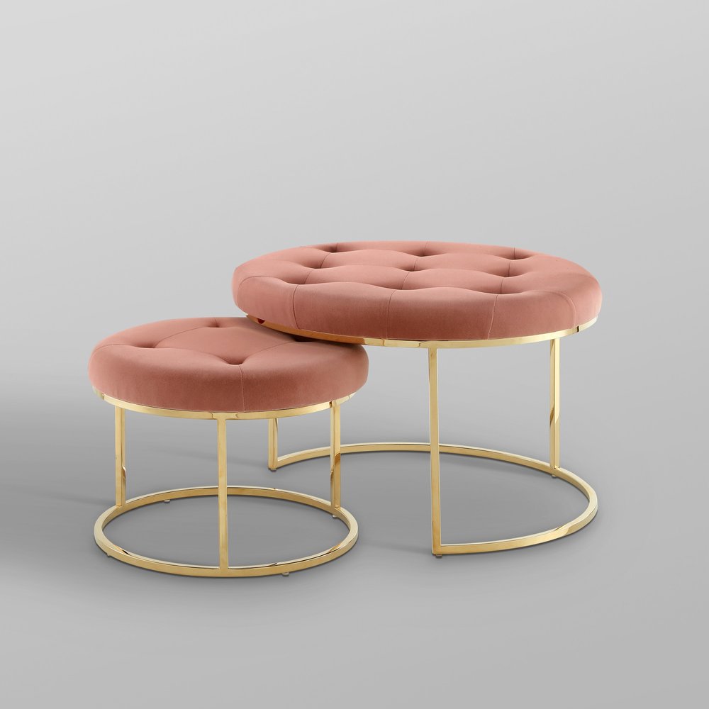 Set of Two Gray Faux Leather and Silver Tufted Round Ottoman