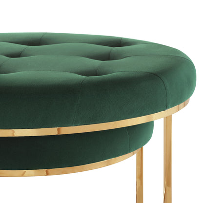Set of Two Gray Faux Leather and Silver Tufted Round Ottoman