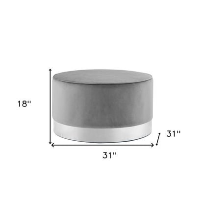 31" Gray Velvet and Silver Round Cocktail Ottoman