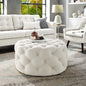 33" White Linen Rolling Tufted Round Cocktail Ottoman