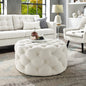 33" Beige Linen  Rolling Tufted Round Cocktail Ottoman