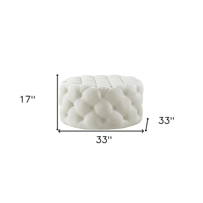 33" Beige Linen  Rolling Tufted Round Cocktail Ottoman