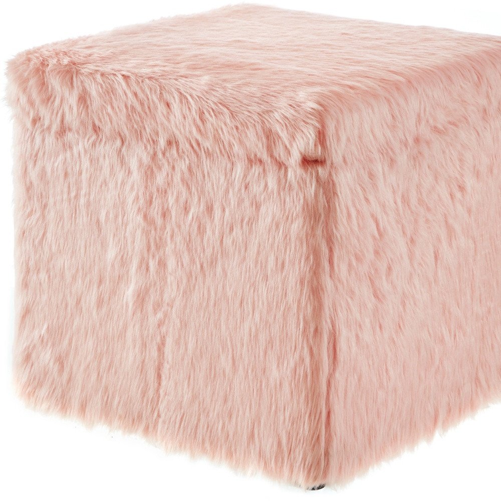 18" Blush Faux Fur and Black Storage Ottoman