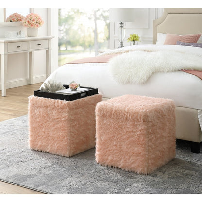 18" Blush Faux Fur and Black Storage Ottoman