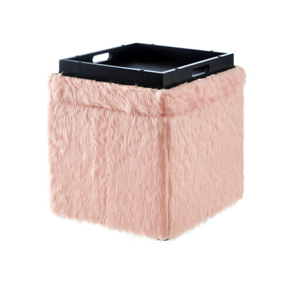 18" Blush Faux Fur and Black Storage Ottoman