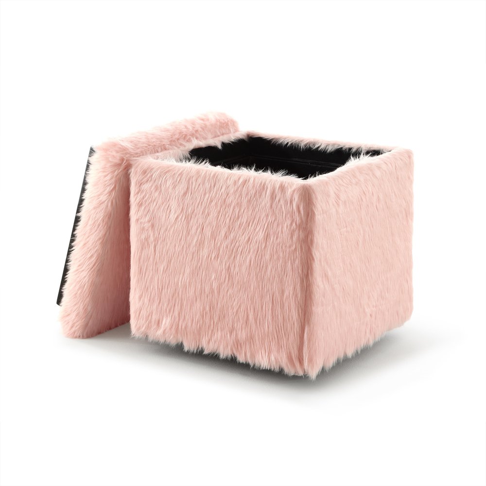 18" Blush Faux Fur and Black Storage Ottoman