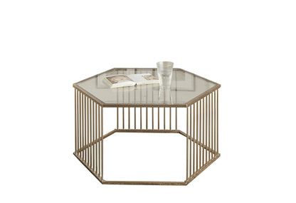 34" Champagne And Clear Glass And Metal Hexagon Coffee Table