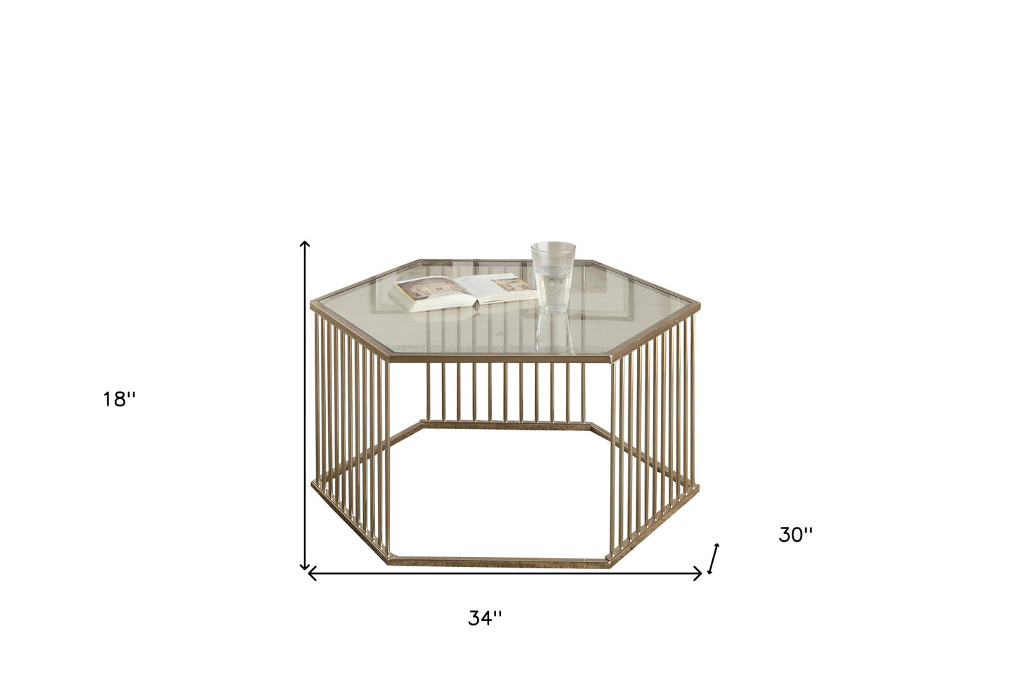 34" Champagne And Clear Glass And Metal Hexagon Coffee Table