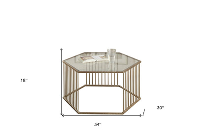 34" Champagne And Clear Glass And Metal Hexagon Coffee Table