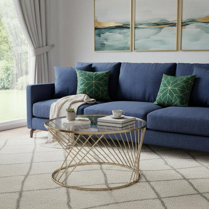 32" Clear and Champagne Glass And Metal Round Frame Coffee Table