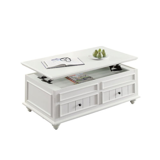 48" White Wood Lift Top Solid Coffee Table With Two Drawers
