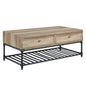 47" Sandy Black And Oak Paper Veneer And Metal Rectangular Coffee Table With Two Drawers And Shelf