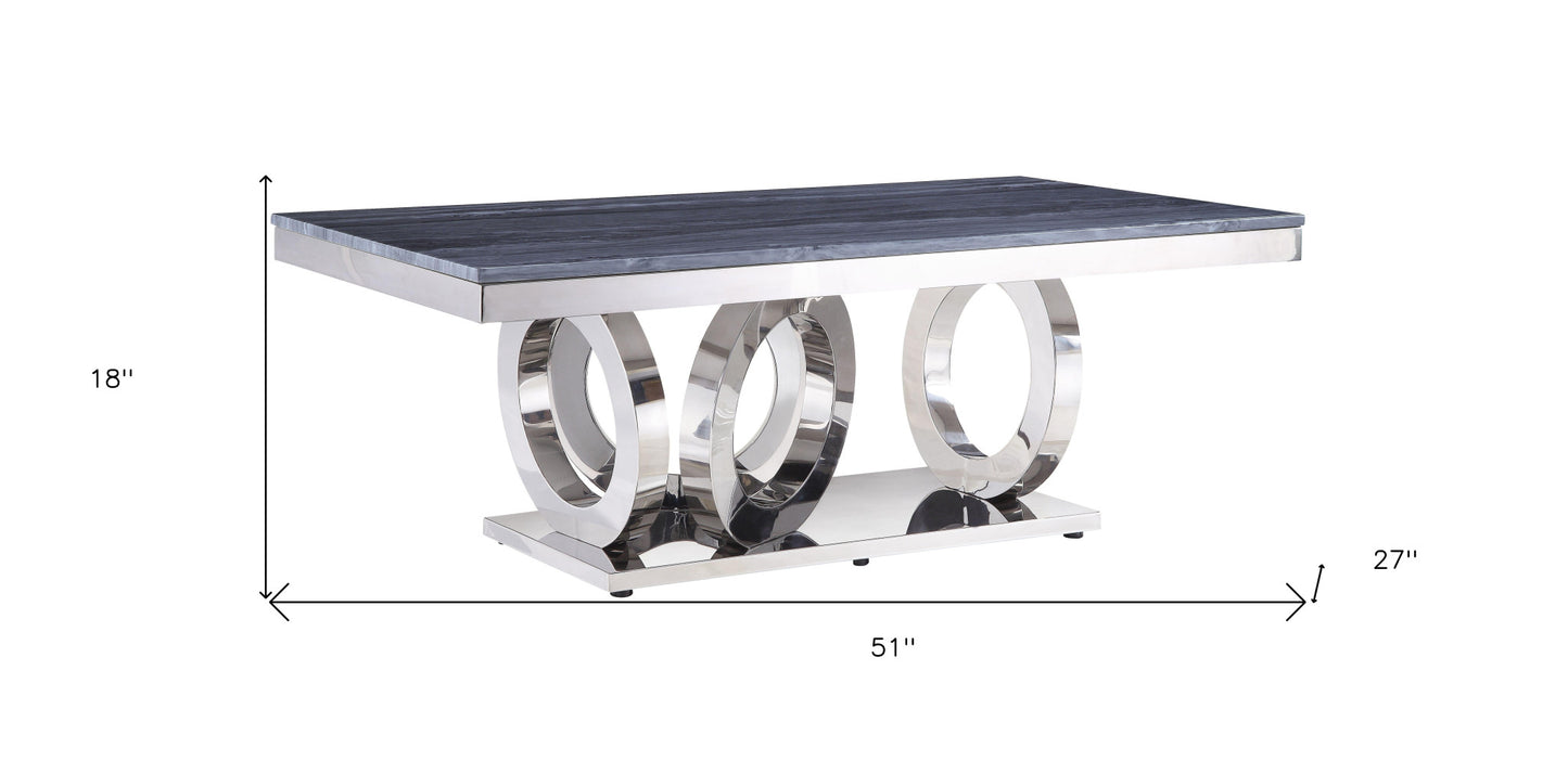 51" Gray And Silver Faux Marble And Stainless Mirrored Coffee Table