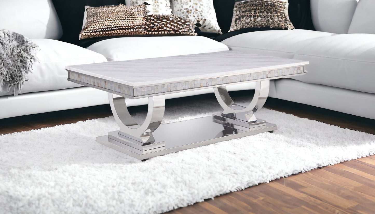 51" White And Silver Faux Marble Mirrored Coffee Table