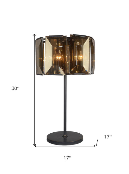 30" Bronze Metal Four Light Cylinder Bedside Table Lamp With Amber Round Shade