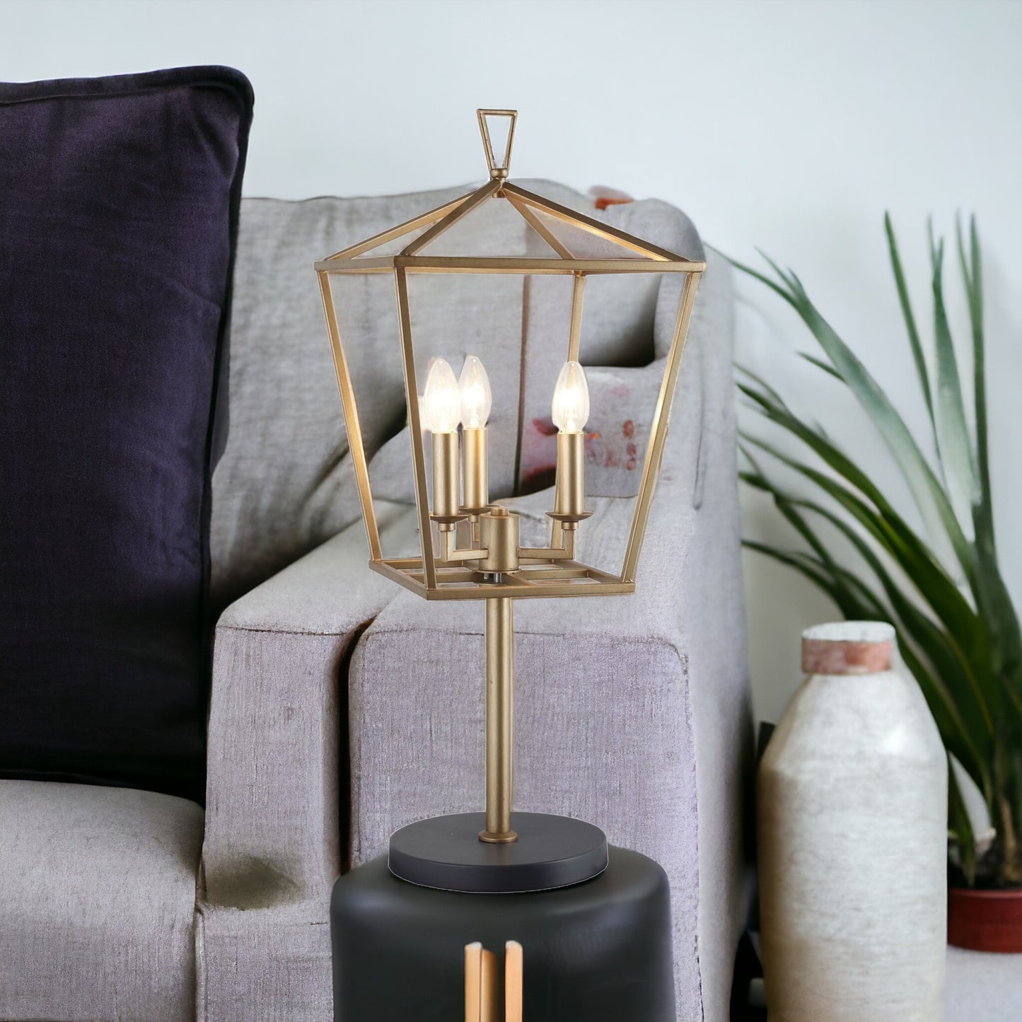 30" Black Iron Three Light Bedside Table Lamp