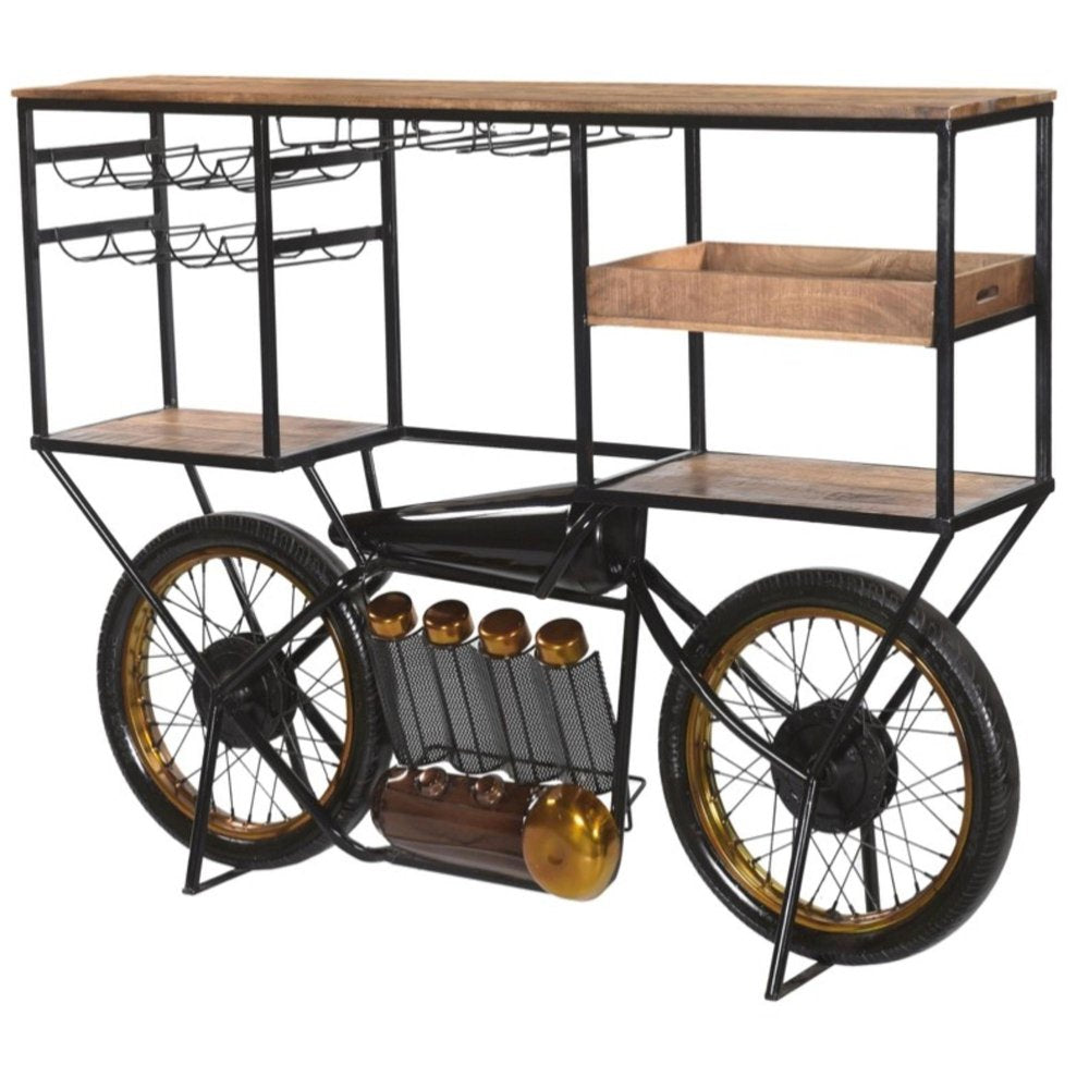 Brown and Black Metal And Solid Wood Bar Cart With Wine Storage