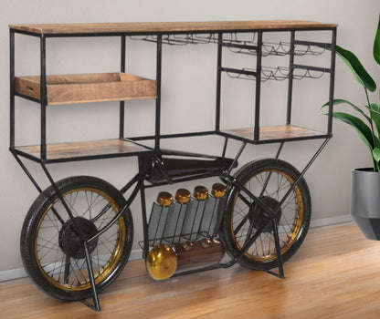 Brown and Black Metal And Solid Wood Bar Cart With Wine Storage