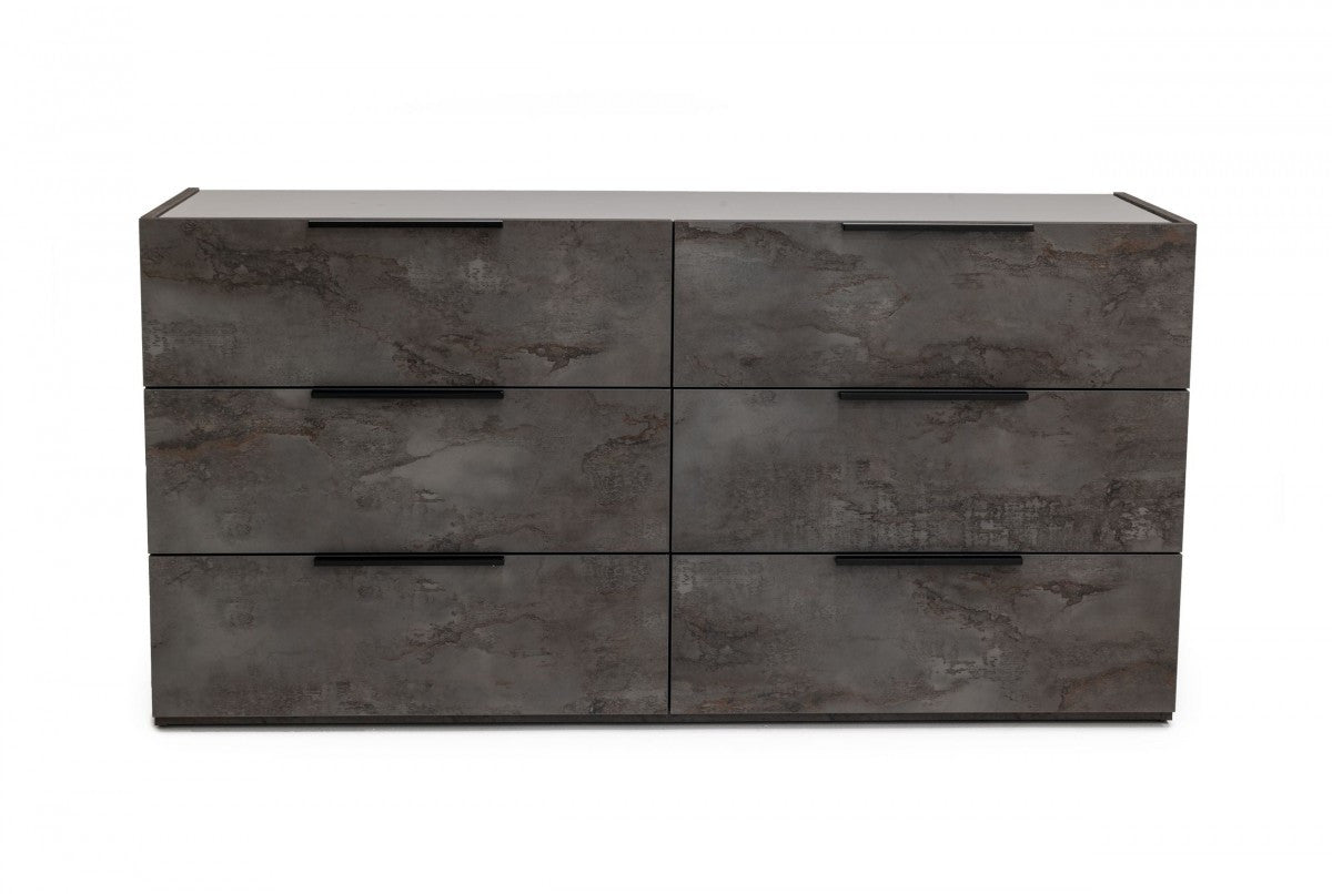 61" Grey Faux Marble Solid Manufactured Wood Six Drawer Double Dresser