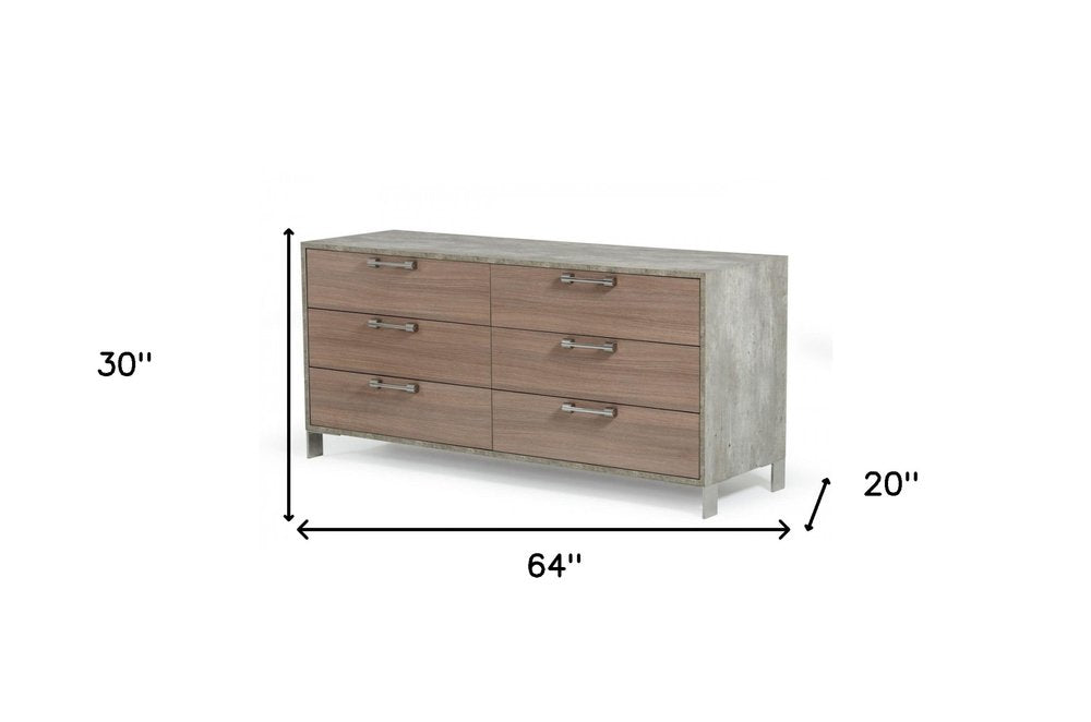 64" Brown And Gray Wood Six Drawer Double Dresser