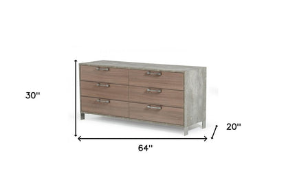 64" Brown And Gray Wood Six Drawer Double Dresser