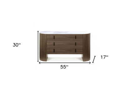 55" Walnut Marble Solid And Manufactured Wood Three Drawer Dresser