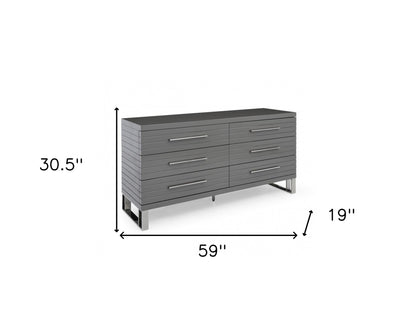 59" Grey Solid And Manufactured Wood Six Drawer Dresser