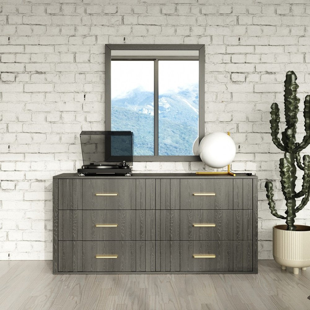 63" Dark Grey Solid And Manufactured Wood Six Drawer Dresser