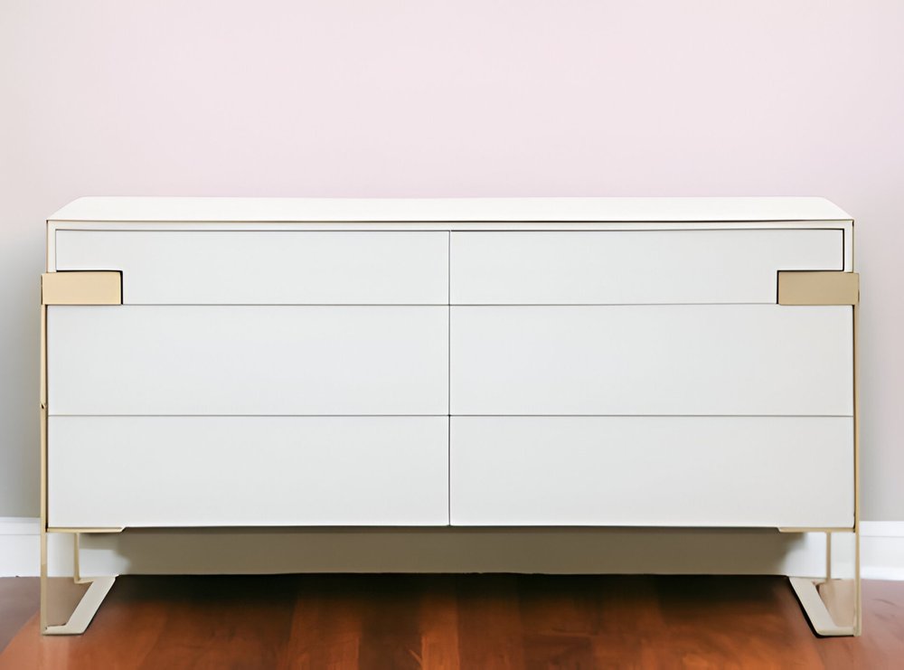 60" Gold And White Wood Six Drawer Double Dresser