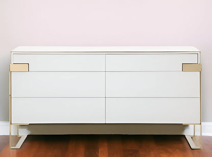60" Gold And White Wood Six Drawer Double Dresser