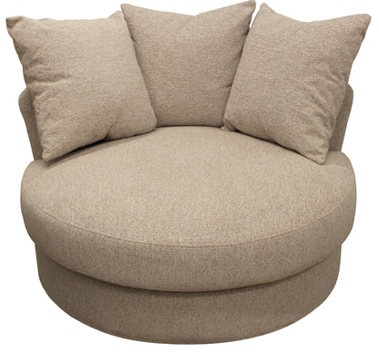 44" Sand Linen Upholstered Swivel Round Accent Chair And Toss Pillows