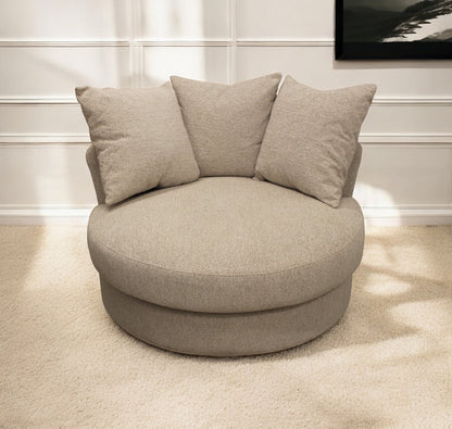 44" Sand Linen Upholstered Swivel Round Accent Chair And Toss Pillows