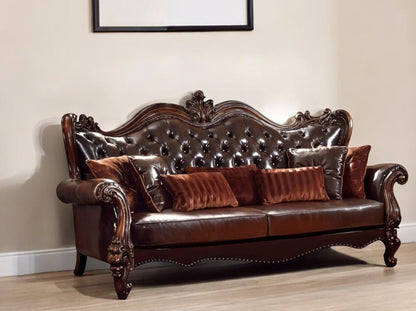 93" Brown Faux Leather Sofa And Toss Pillows With Burgundy Legs