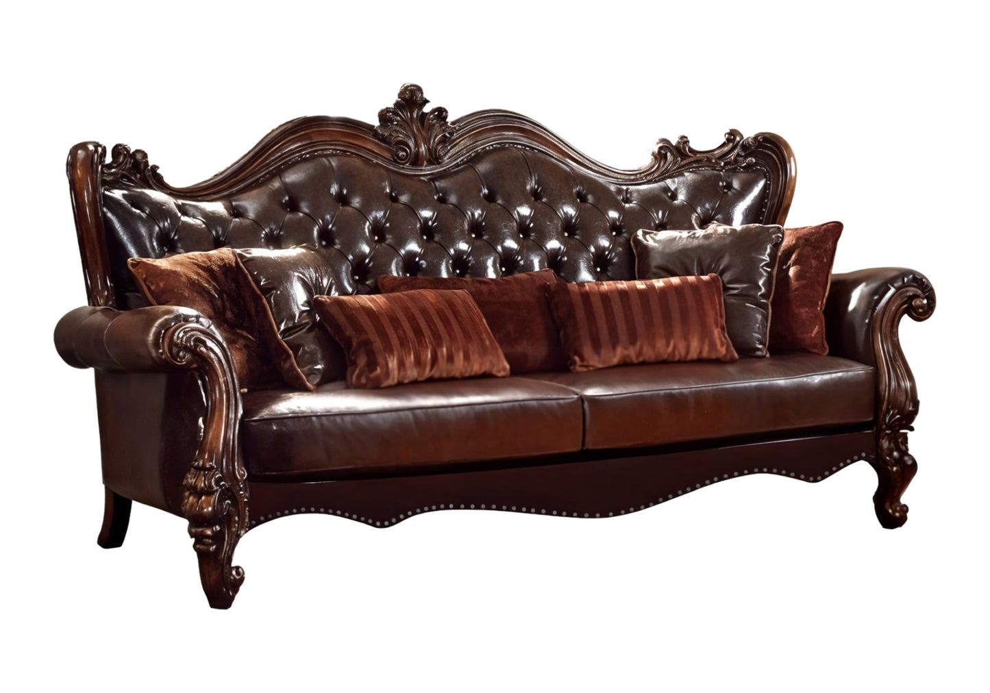 93" Brown Faux Leather Sofa And Toss Pillows With Burgundy Legs