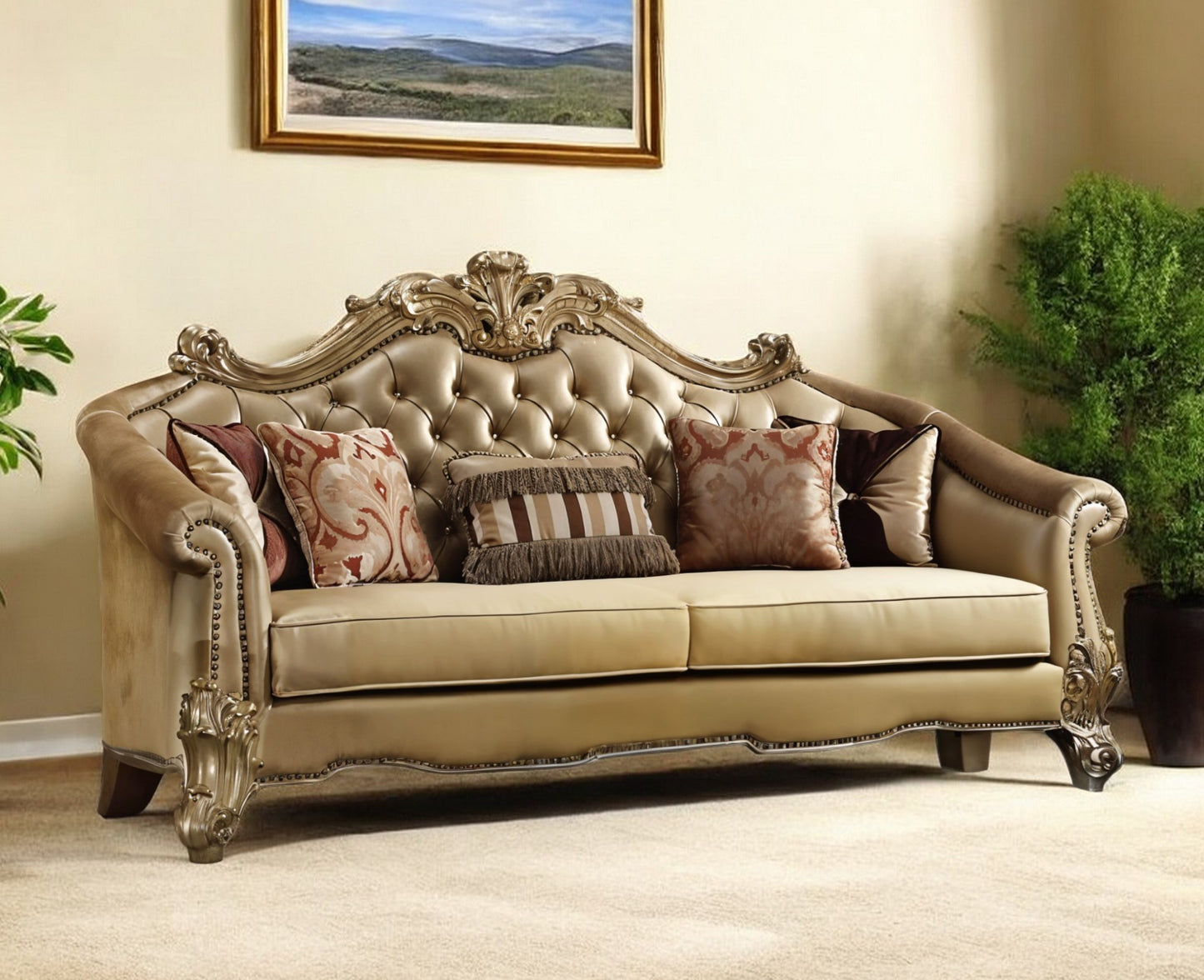 89" Bone Faux Leather Sofa And Toss Pillows With Gold Legs