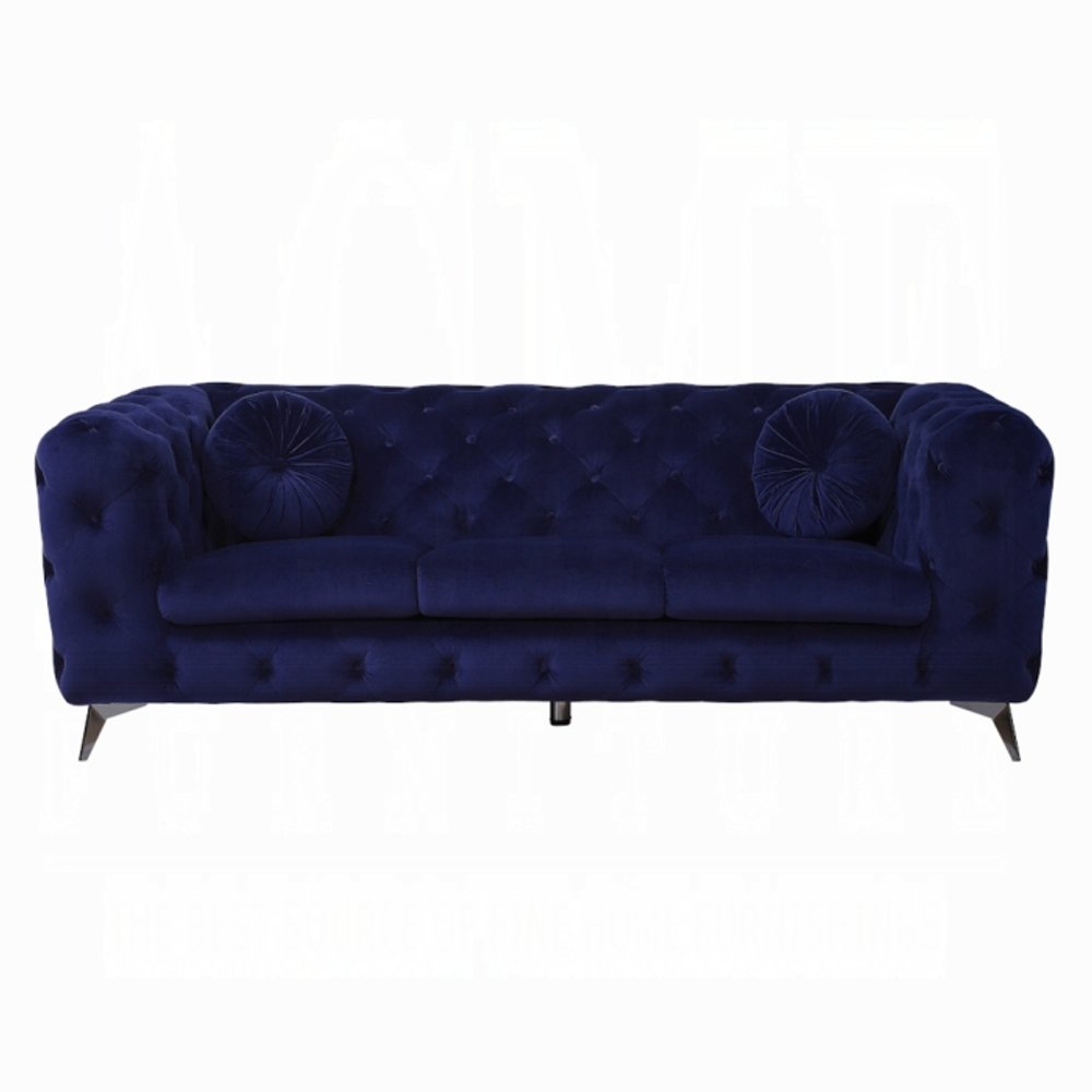 90" Blue Velvet Chesterfield Sofa With Silver Legs