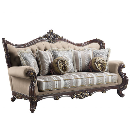 92" Brown Linen Damask Sofa And Toss Pillows