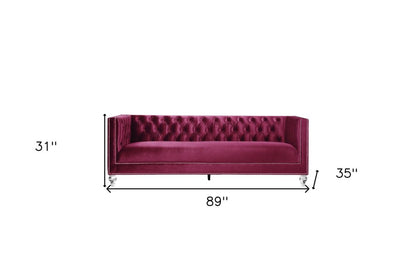 89" Burgundy Velvet Sofa And Toss Pillows With Black Legs
