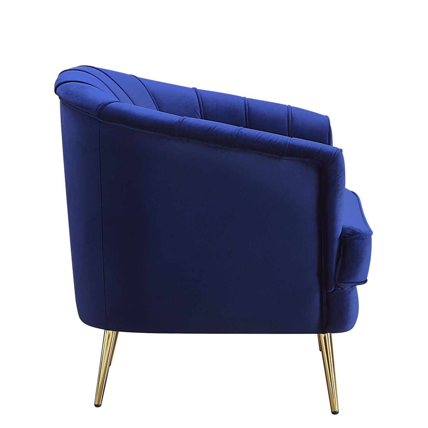 31" Blue Velvet And Gold Striped Barrel Chair