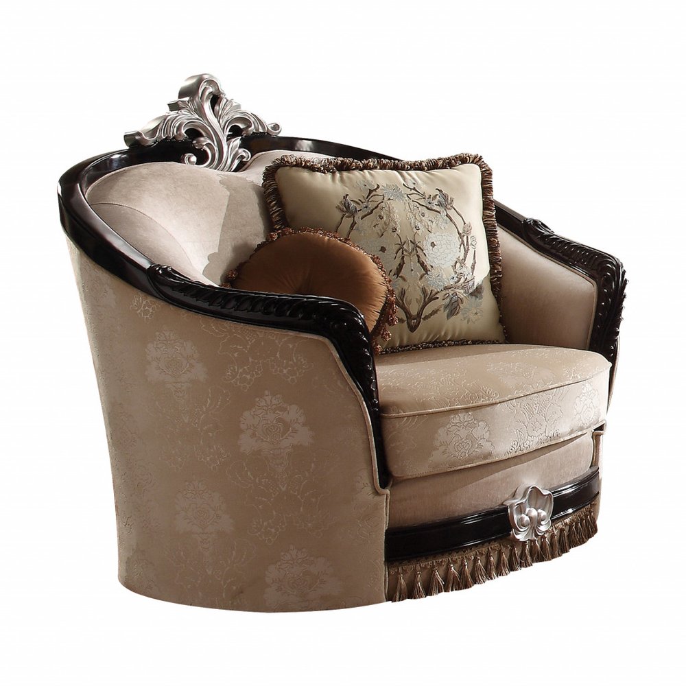 47" Tan and Black Fabric Floral Arm Chair And Toss Pillows