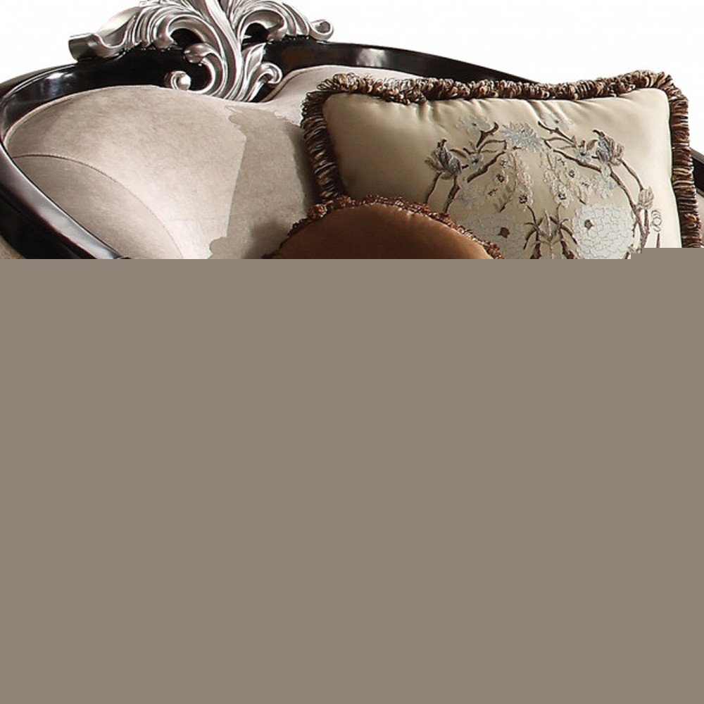 47" Tan and Black Fabric Floral Arm Chair And Toss Pillows