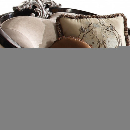 47" Tan and Black Fabric Floral Arm Chair And Toss Pillows