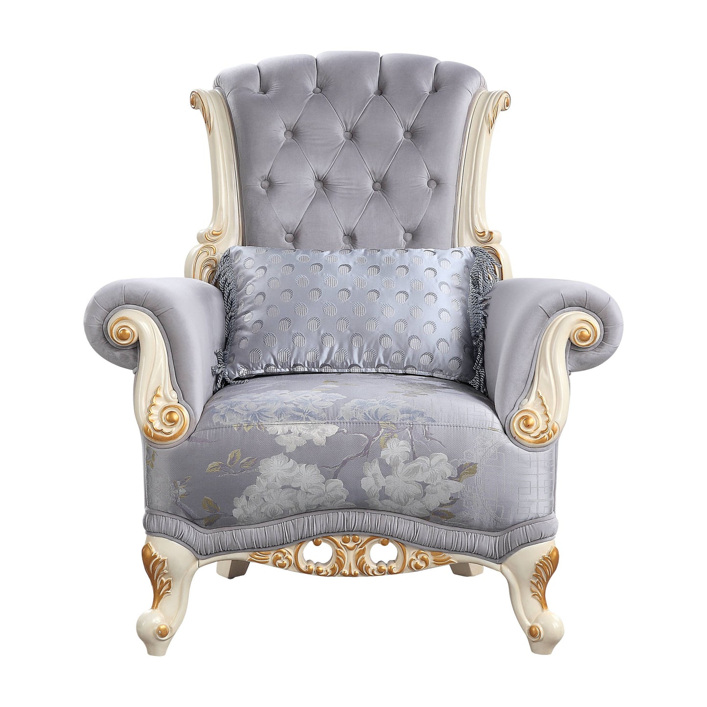 41" Gray And White Fabric Floral Tufted Arm Chair And Toss Pillow