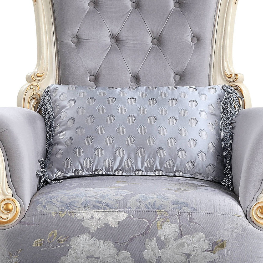 41" Gray And White Fabric Floral Tufted Arm Chair And Toss Pillow